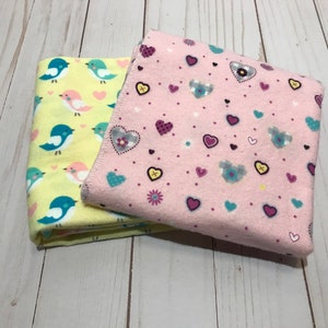 Receiving blanket set of two (2), pink heart blanket, yellow bird blanket, flannel blanket, girl blanket, baby swaddle blanket
