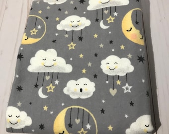 Reversible baby blanket, flannel, moon and clouds baby blanket, gray blanket, yellow blanket, baby boy blanket, baby girl blanket
