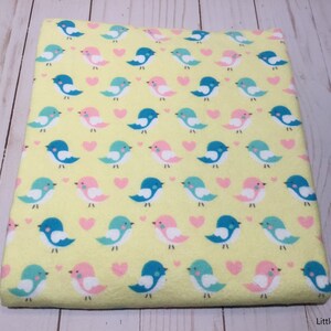 Reversible baby blanket, flannel blanket, bird baby blanket, yellow and pink blanket, baby girl blanket