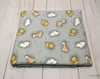 Reversible baby blanket, flannel blanket,, elephant, giraffe, & lion baby blanket, gray baby blanket, baby boy blanket, baby girl blanket