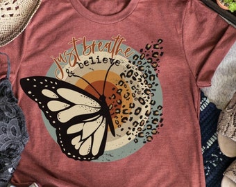Women's JUST BREATHE & BELIEVE Butterfly Leopard Motivational Affirmation Tee T-Shirt Fall Butterfly Graphic Tee Plus Size 3X 3XL 4X 4XL