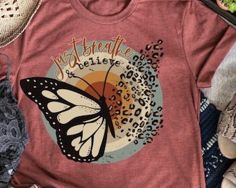 Women's JUST BREATHE & BELIEVE Butterfly Leopard Motivational Affirmation Tee T-Shirt Fall Butterfly Graphic Tee Plus Size 3X 3XL 4X 4XL