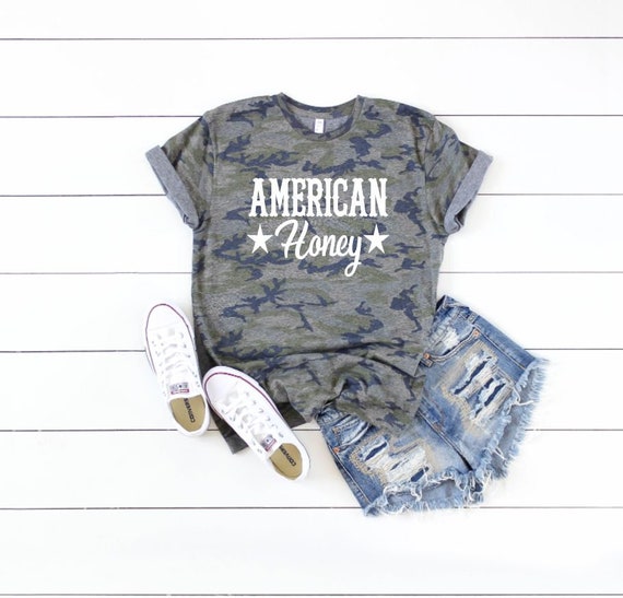 Women's Camo AMERICAN HONEY Tee T-Shirt Country Graphic Tee Plus Size Avail 3XL 4XL