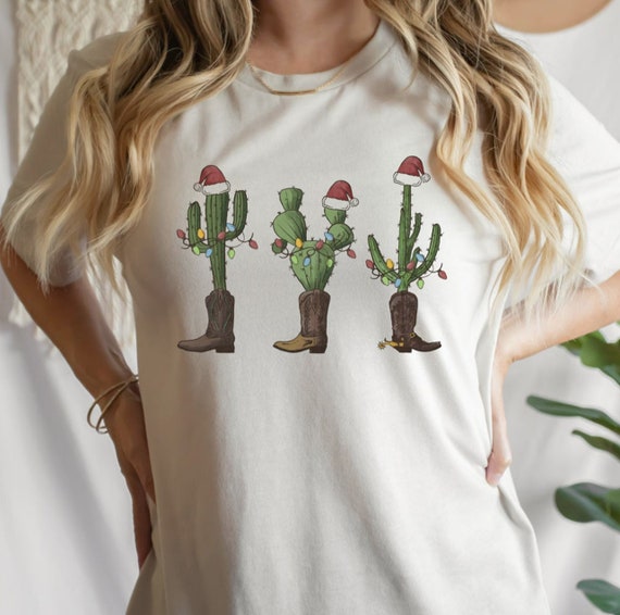 Women's CHRISTMAS Cowboy Boots CACTUS Ranch Farm Country Barn Graphic Tee T-Shirt Plus Sizes Avail up to 4XL