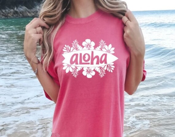 Women's ALOHA SURF BOARD Summer Hawaii Beach Trendy Chic Cute Comfort Colors Graphic Tee Plus Sizes avail to 4XL