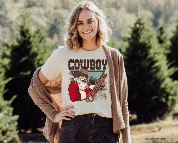 Women's Rustic Vintage Santa COWBOY CHRISTMAS Small Town Cowgirl Cowboy Ranch Farm Country Graphic Tee T-Shirt Plus Sizes Avail up to 4XL