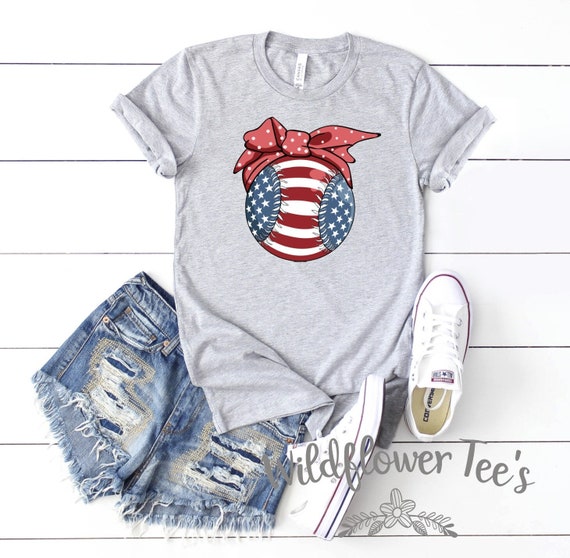 Women's Red White Blue PATRIOTIC BASEBALL All American 4th of July USA Graphic T-shirt Tee Plus Sizes Avail 3XL 3X 4XL 4X 5XL 5X