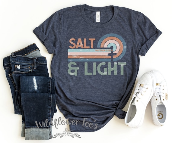 Women's Retro Distressed SALT & LIGHT 5:13 Cute Faith Christian Worship Prayer Spring Graphic Tee Plus Size Avail in 3X 3XL 4X 4XL 5X 5XL