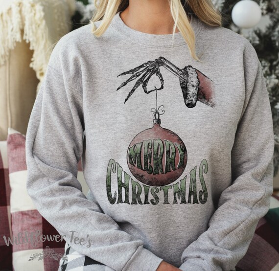 Women's Grunge MERRY CHRISTMAS Skeleton hand BULB Ornament Sweatshirt Cozy Comfy Fleece Trendy Boho Chic Winter plus sizes avail up to 5XL