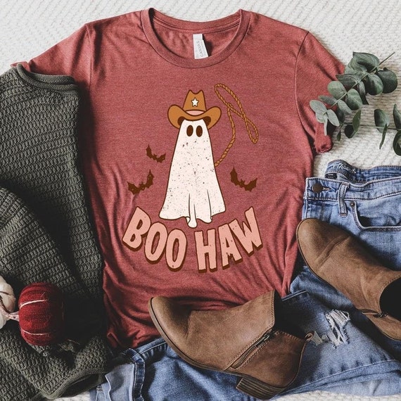 Women's BOO HAW Cowboy ghost Halloween  Limited Tee T-Shirt Graphic Tee S - 3XL 4XL