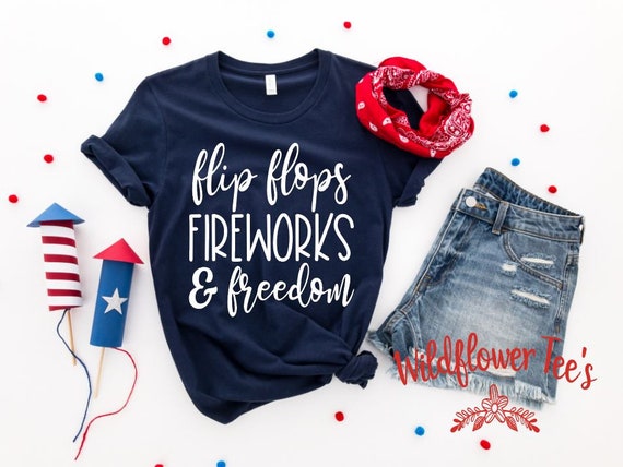 Women's FLIP FLOPS & FIREWORKS Tee T-Shirt 4th Fourth of July Fireworks Graphic Tee Plus Size Tee t-shirts avail 3X 3XL 4X 4XL 5X 5XL