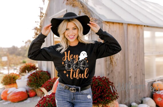Women's Hey Boo-TIFUL ghost leopard Halloween Limited LONG SLEEVE Tee T-Shirt Graphic Tee S - 3XL