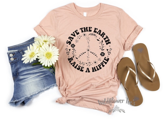 Women's Save The Earth RAISE A HIPPIE Peace Tee T-Shirt Funny Flower Power Groovy Graphic Tee Plus Size 3X 4X 3XL 4XL Available