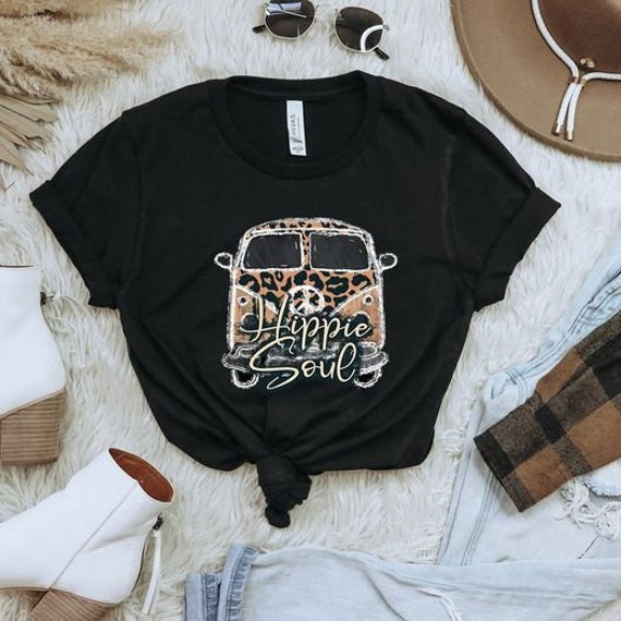 Women's HIPPIE SOUL Hippie leopard peace Tee T-Shirt Funny Flower Power Groovy Graphic Tee Plus Size 3X 4X 3XL 4XL 5X 5XL Available