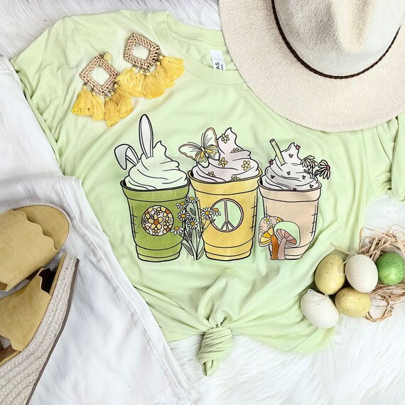 Women's SPRING EASTER coffee LATTES Peace Hippie Boho Limited Time Cute Coffee Lover Tee T-Shirt Graphic Tee Plus Size Avail up to 4X 4XL