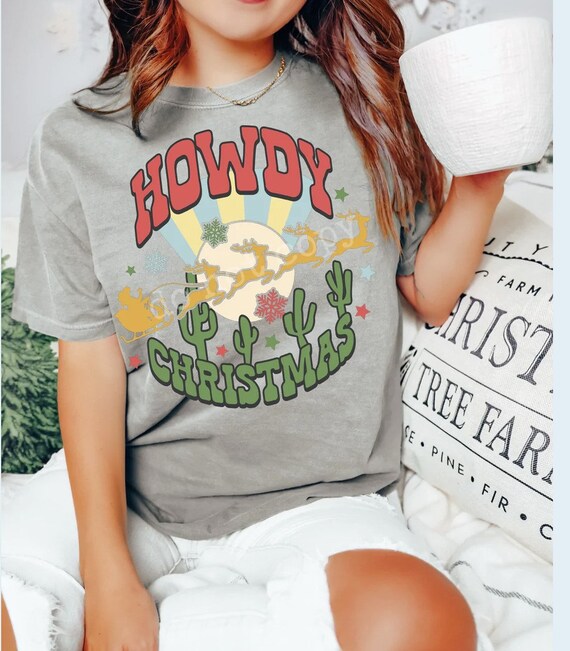 Women's HOWDY CHRISTMAS Boho Country Christmas Western Cowgirl Cute Trendy Chic Comfort Colors Graphic Tee T-shirt Plus Sizes avail to 4XL