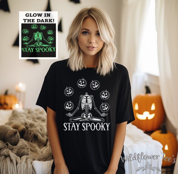 Women's Unisex Teen Tween Cute Glow In The Dark STAY SPOOKY Skeleton Pumpkins Halloween Limited Graphic Tee T-Shirt Plus Sizes Avail to 5XL