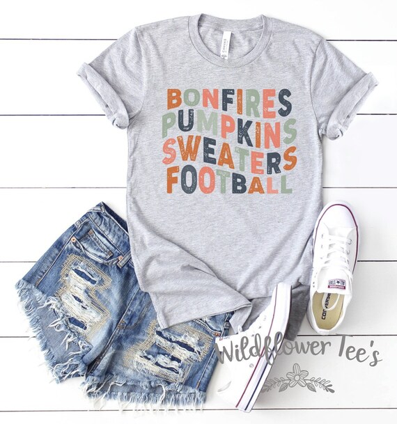 Women's Cute BONFIRES PUMPKINS SWEATERs FOOTBALL Fall Autumn Seasonal Tee T-Shirt Graphic Tee Plus Sizes up to 3XL 4XL 5XL Avail