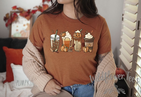 Women's PUMPKIN SPICE Lattes Fraps Cute Fall Autumn Thanksgiving Seasonal Holiday Tee T-Shirt Graphic Tee Plus Size up to 3XL 4XL Avail
