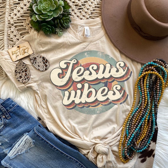 Women's JESUS VIBES Retro Tee Inspirational Faith Easter Religion Christian T-Shirt Graphic Tee Plus Size 3X 3XL 4X 4XL