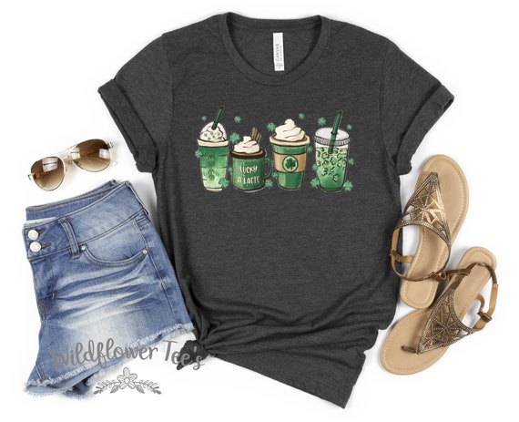 Women's St Patty's Day Lucky coffee LATTES Limited Time Cute Holiday Tee T-Shirt Graphic Tee Plus Size Avail in 3X 3XL 4X 4XL 5X 5XL
