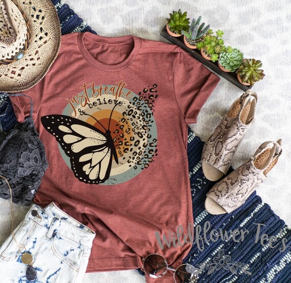 Women's JUST BREATHE & BELIEVE Butterfly Leopard Motivational Affirmation Tee T-Shirt Fall Butterfly Graphic Tee Plus Size 3X 3XL 4X 4XL