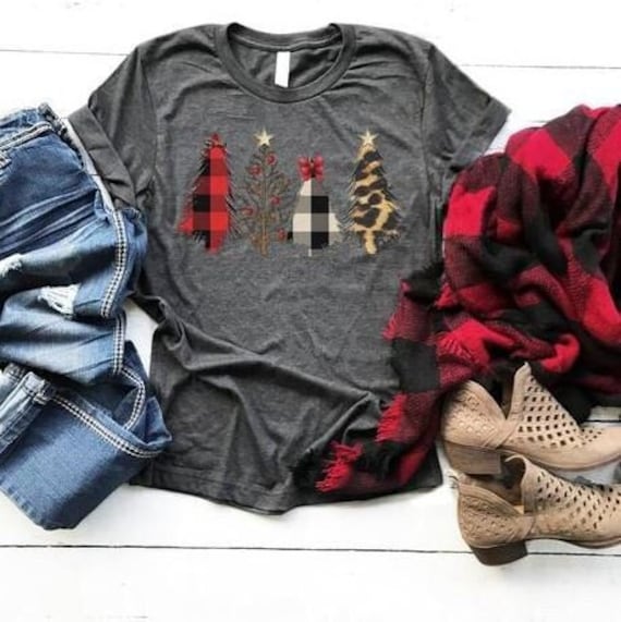 Women's PATTERN CHRISTMAS TREES Winter Holiday Christmas Tee Leopard Buffalo plaid Tree T-Shirt Graphic Tee Plus Size 3XL 4XL 5XL