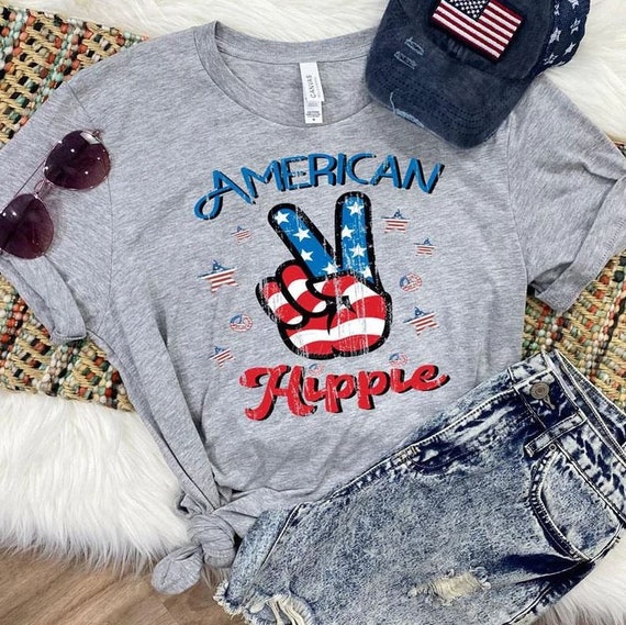 Women's AMERICAN HIPPIE Tee T-Shirt 4th Fourth of July Hippie Groovy Graphic Tee Plus Size Tee t-shirts avail 3X 3XL 4X 4XL 5X 5XL