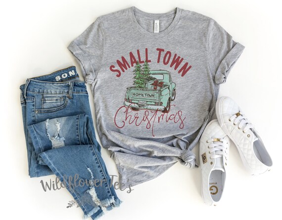 Women's SMALL TOWN CHRISTMAS Old Vintage Truck Hometown Limited Cute Holiday Christmas Graphic Tee Plus Size Avail in 3XL 4XL 5XL
