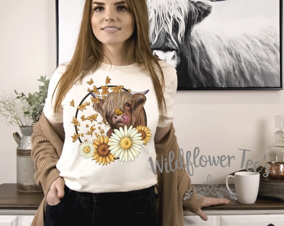 Women's SUNFLOWER Daisy HIGHLAND COW FaLL Tee T-Shirt Barn Cow Horses Ranch Rural Farm Country Graphic Tee Plus Sizes avail up to 4XL