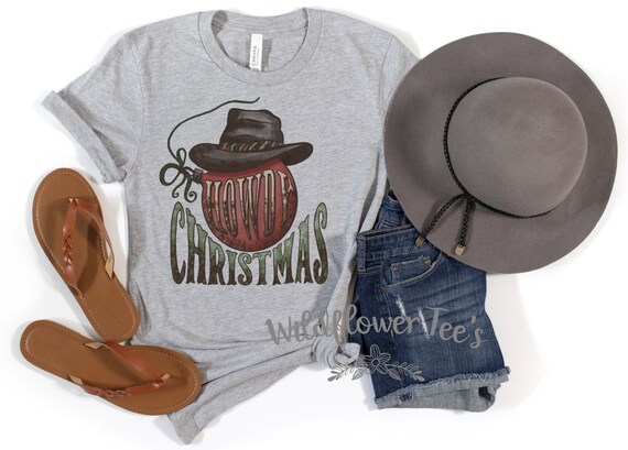 Women's HOWDY CHRISTMAS Cowboy Ranch Farm Country Barn Graphic Tee T-Shirt Plus Sizes Avail up to 4XL 5XL