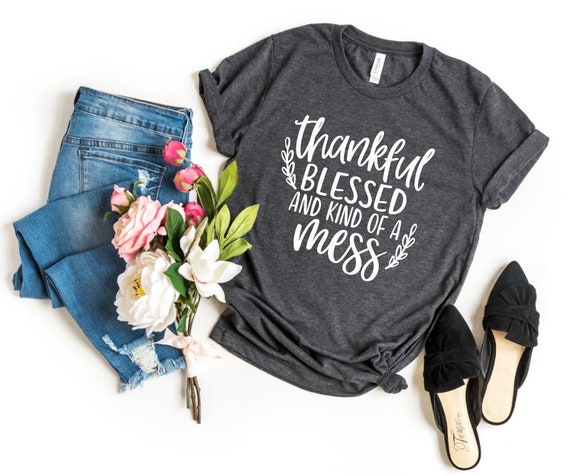 Women's THANKFUL BLESSED MESS Cute Fall Autumn Thanksgiving Seasonal Holiday Tee T-Shirt Graphic Tee Plus Size 3XL 4XL 5XL Avail