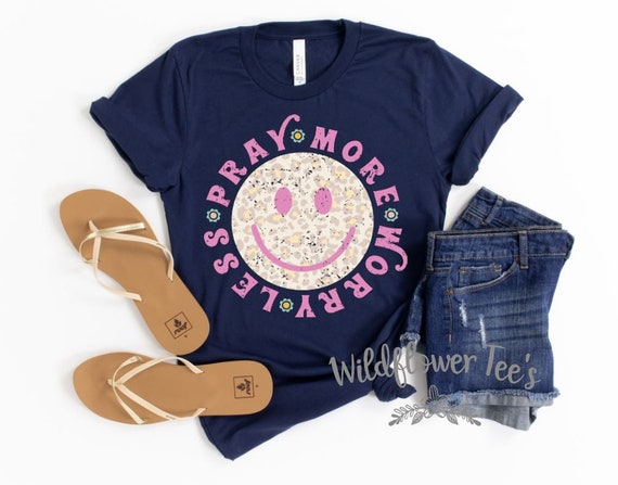 Women's PRAY MORE Worry Less SMILEY Tee Inspirational Faith Teen Religion Christian T-Shirt Graphic Tee Plus Size 3X 3XL 4X 4XL 5X 5XL