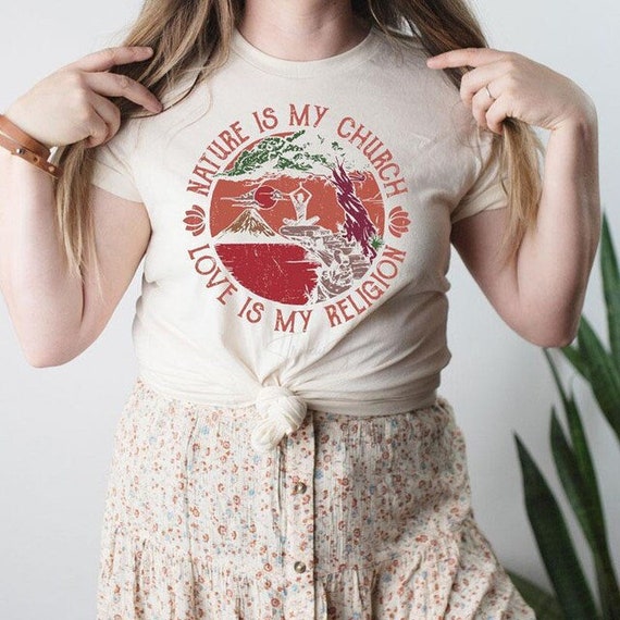 Women's NATURE Is MY CHURCH Love is my Religion Hippie Peace Yoga Lotus Bohemian Groovy Graphic Tee T-shirt Plus Size 3X 4X 3XL 4XL Avail