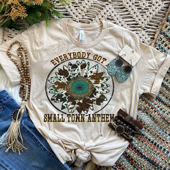Women's Everybody Got SMALL TOWN ANTHEM Cow Print Sunflower Turquoise Farm Country Graphic Tee Plus Size avail up to 4X 4XL