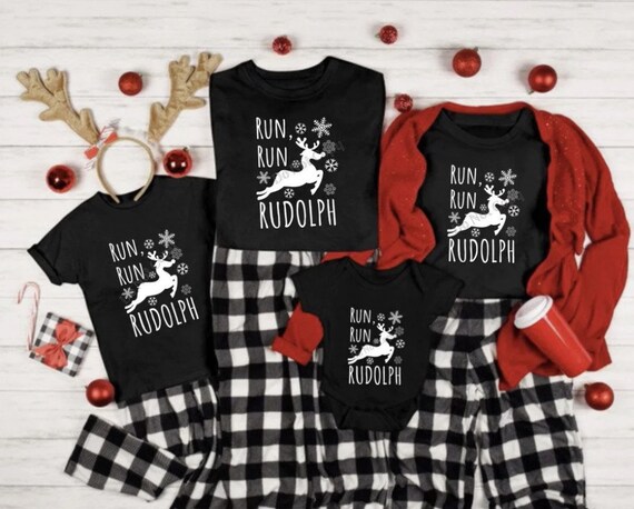 Family Matching Christmas Tee T-shirts Tees Shirts Pajama RUN RUN RUDOLPH Unisex Men Women Youth Infant Plus Sizes to 4XL 5XL
