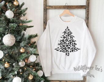 Women's LEOPARD TREE Sweatshirt Cozy Comfy Christmas Sweatshirt Fleece Trendy Country Chic Winter