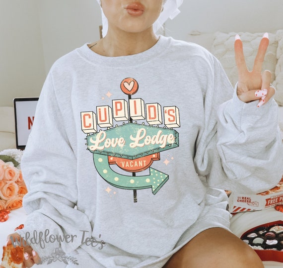 Women's CUPIDS LOVE LODGE Cute Cozy Comfy Valentine's Day Sweatshirt Fleece Chic Winter Plus Sizes Avail up to 3XL 4XL 5XL