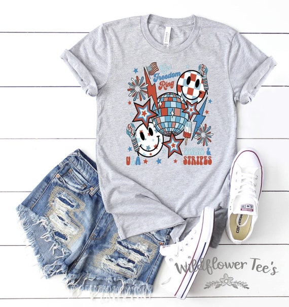 Women's LET FREEDOM RING Stars and Stripes 4th Fourth of July Collage Graphic Tee Plus Size Tee t-shirts avail up to 3X 3XL 4X 4XL 5X 5XL