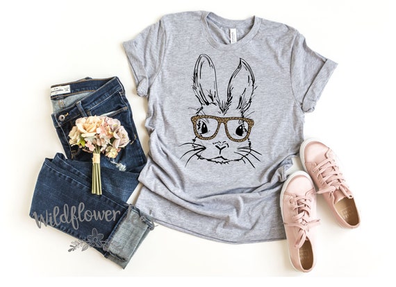 Women's Easter BUNNY with Leopard Glasses Cute Holiday EASTER Spring Tee T-Shirt Graphic Tee Plus Size Avail in 3X 3XL 4X 4XL 5X 5XL