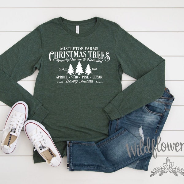 Women's MISTLETOE TREE FARM Limited Time Cute Chic Winter Holiday Christmas Tee T-Shirt Graphic Tee Long Sleeve