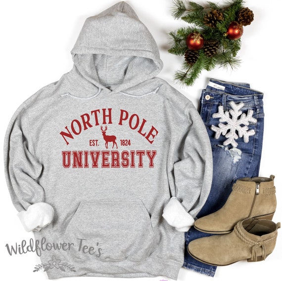 Women's NORTH POLE UNIVERSITY Christmas Hoodie Cozy Comfy Christmas Fleece Trendy Collegiate College Winter plus sizes avail up to 5XL