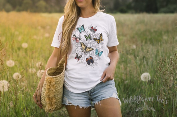 Women's BUTTERFLY GARDEN Nature Spring Graphic Tee T-Shirt Plus Size 3X 4X 3XL 4XL 5XL Available