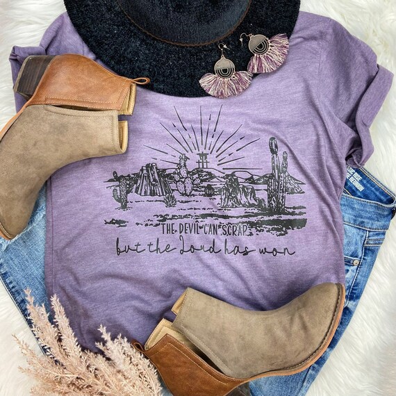 Women's The DEVIL CAN SCRAP But The Lord Has Won Easter Passover Faith Christian Tee T-Shirt Graphic Tee Plus Size Avail up to 4X 4XL