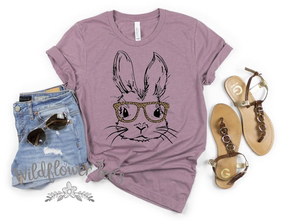 Women's Easter BUNNY with Leopard Glasses Limited Time Cute Holiday EASTER Spring Tee T-Shirt Graphic Tee Plus Size Avail in 3X 3XL 4X 4XL