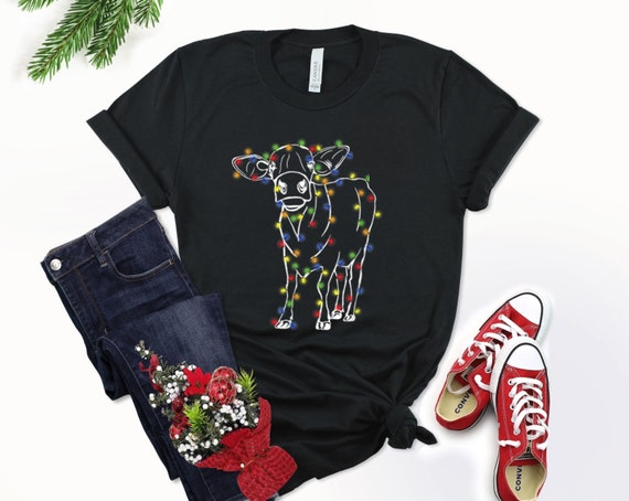Women's CLASSIC Cow CHRISTMAS LIGHTS Limited Cute Holiday Christmas Tee T-Shirt Graphic Tee Plus Size Avail in 3X 3XL 4X 4XL 5X 5XL