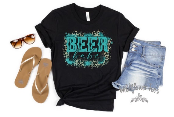 Women's BEER BABE Leopard Country Bar Festival Cute Summer Lake River Tee T-Shirt Graphic Tee Plus Size Available in 3X 3XL 4X 4XL 5X 5XL