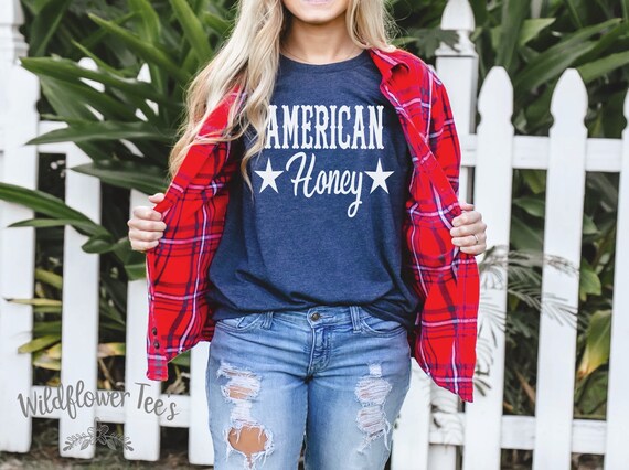 Women's AMERICAN HONEY Tee T-Shirt 4th Fourth of July Country Fireworks Graphic Tee Plus Size Tee t-shirts avail S-4XL 3X 3XL 4X 4XL 5X 5XL