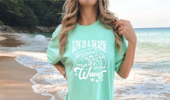 Women's LIFE IS A BEACH Make Some Waves Summer Hawaii Beach Trendy Chic Cute Comfort Colors Graphic Tee Plus Sizes avail to 4XL