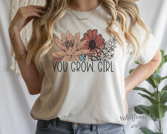 Women's Floral YOU GROW GIRL Cute Inspirational Affirmation Asthetic Graphic Tee T-Shirt Plus Size Available in 3X 3XL 4X 4XL